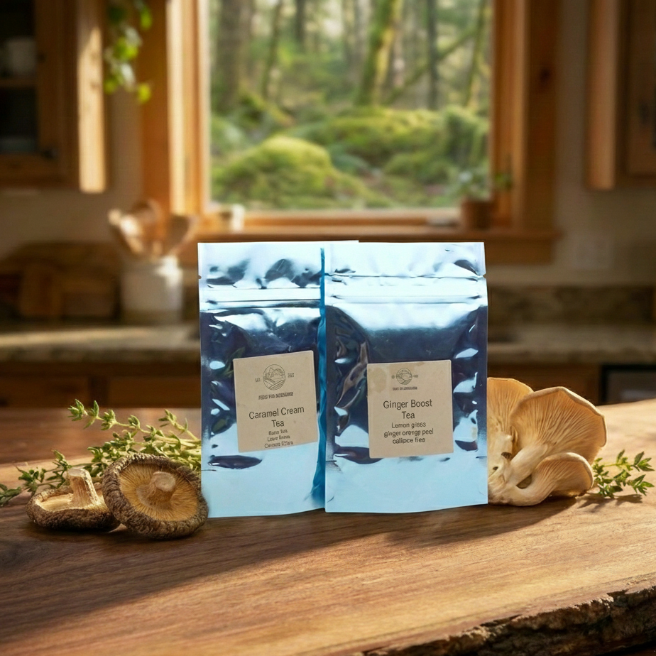 Two tea packages on a wooden surface with a natural background