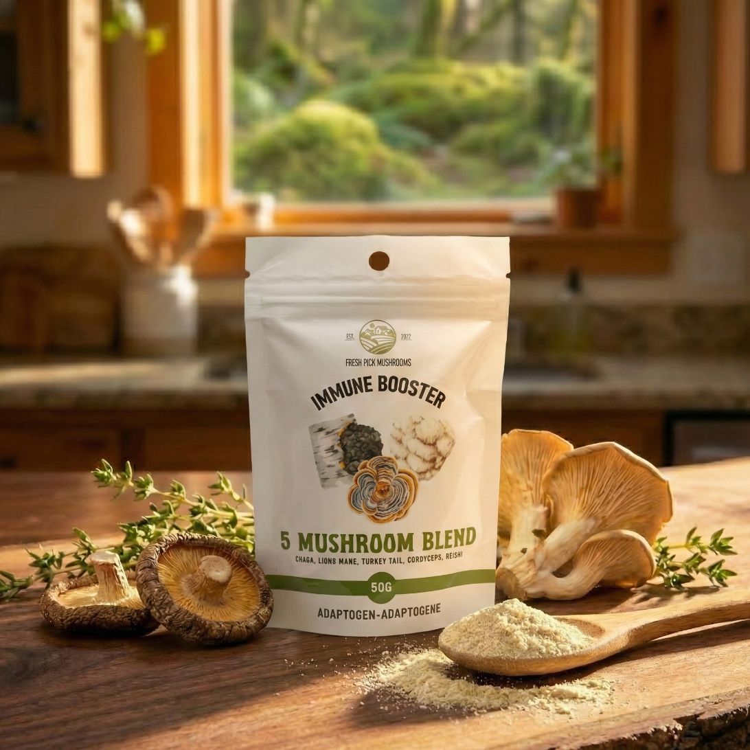 Immune booster 5 mushroom blend package on a wooden surface with mushrooms and herbs.