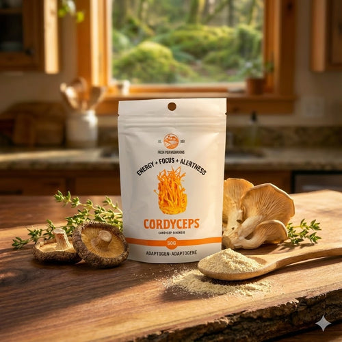 Cordyceps supplement package on a wooden surface with mushrooms and powder.