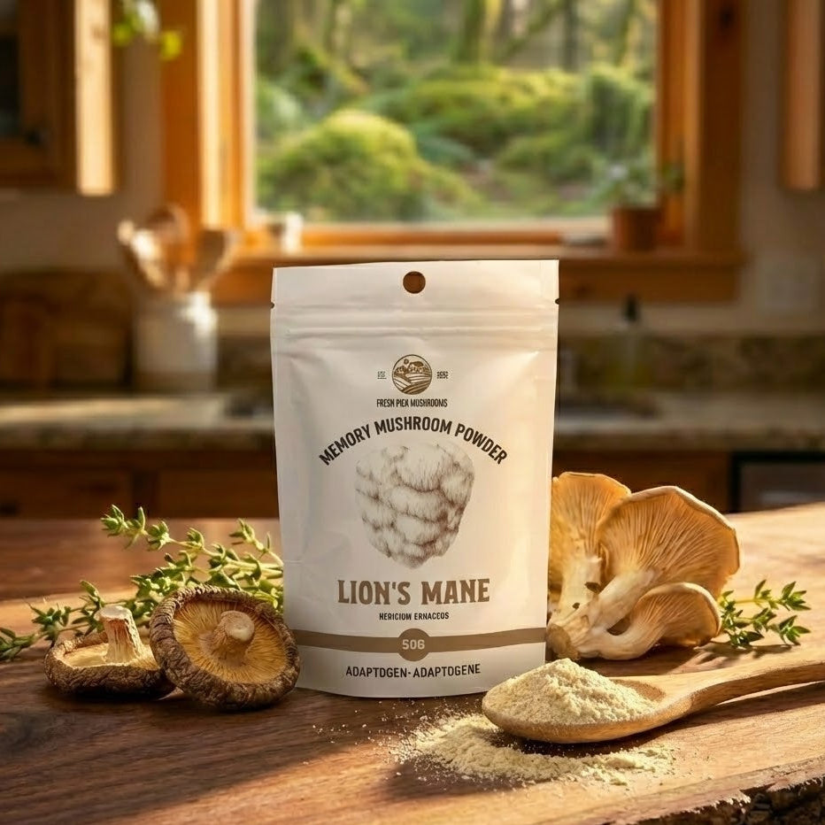 Bag of lion's mane mushroom powder on a wooden surface with mushrooms and a spoonful of powder.