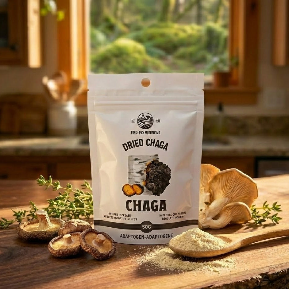 Bag of dried chaga mushrooms on a wooden surface with chaga pieces and powder.