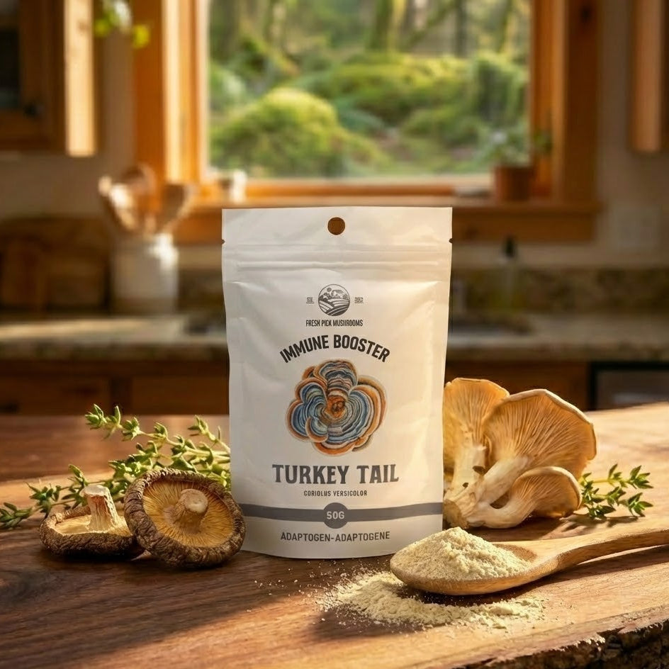 Package of 'Immune Booster Turkey Tail' on a wooden surface with mushrooms and herbs.