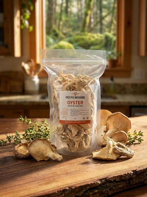 Bag of oyster mushrooms on a wooden surface with a natural background