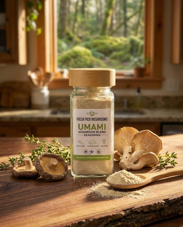 Jar of 'UMAMI' mushroom blend seasoning on a wooden surface with mushrooms and herbs.