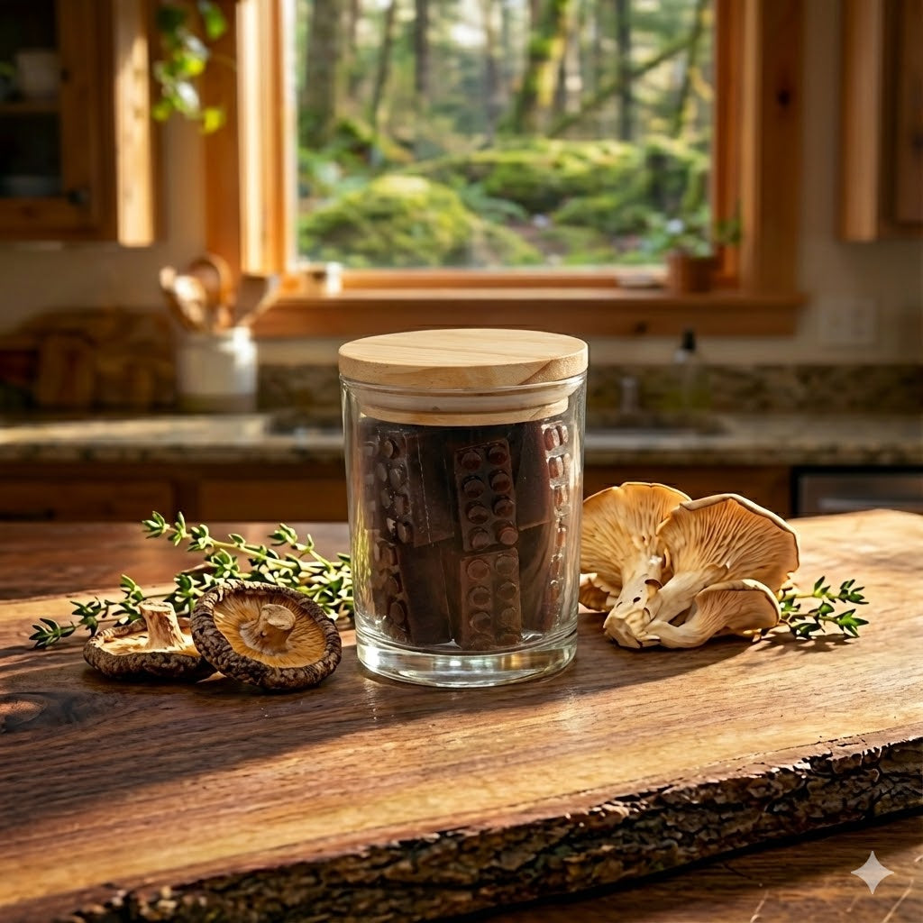 Glass jar with wooden lid on a wooden surface with mushrooms and plants, window in the background