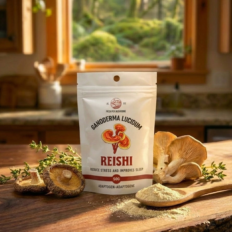 Reishi mushroom packaging on a wooden surface with mushrooms and powder around